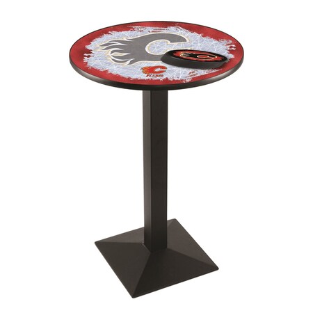 Holland Bar Stool Co 36" Blk Wrinkle Calgary Flames Pub Table, 36" dia. Top L217B3636CalFla-D2